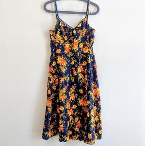 Vintage Midi Navy Orange Floral Summer Dress
